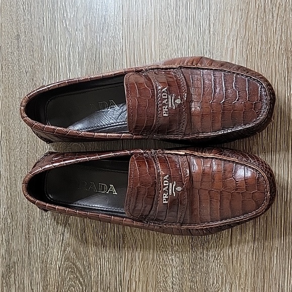 Prada Milano Brown Leather Croc Crocodile Penny Loafers Driver Men's 6 Shoes - Picture 1 of 14